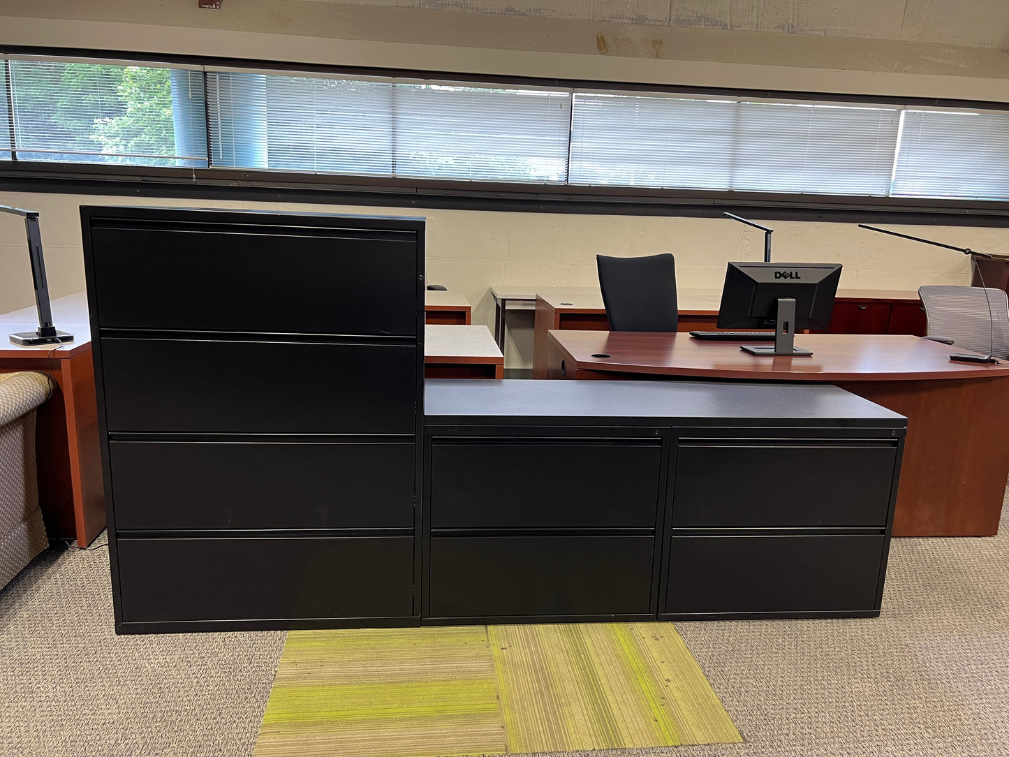 Storage: L shaped, black metal storage cabinets