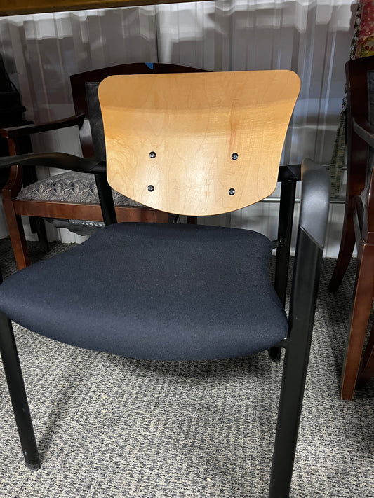 Chair- stationary chairs with light wood back and black fabric seat