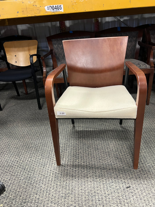 Chair- stationary chair walnut frame with ivory fabric seat