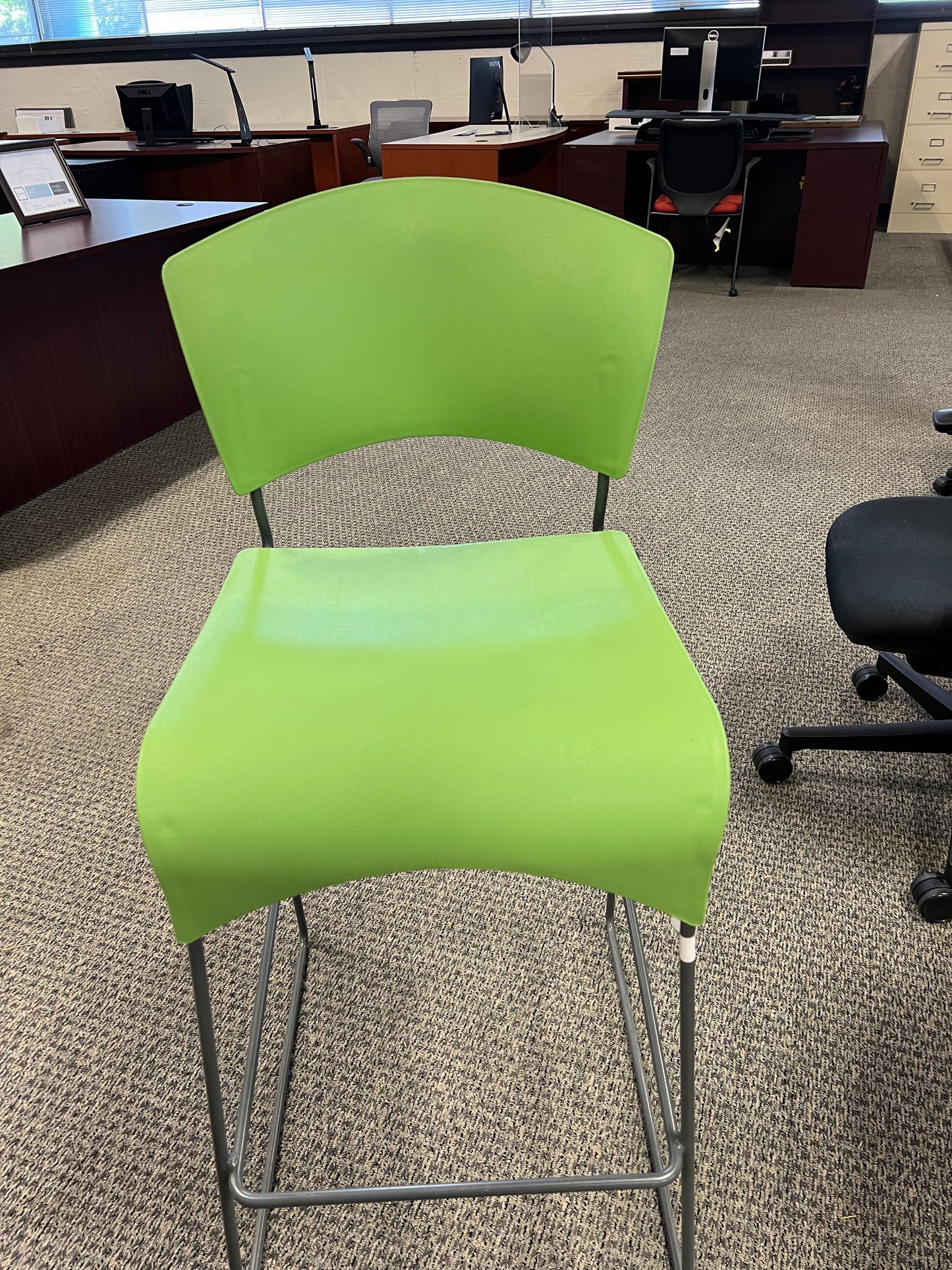 Chair: Bar height lime green plastic with stainless frame