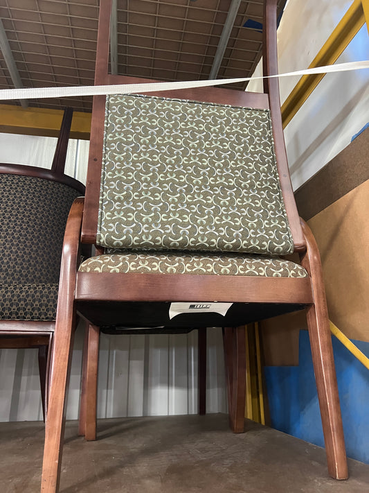 Chair: Stationary chair, dark wood with olive green patterned fabric