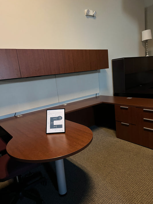 Desk: Paoli u shaped wood desk with floating cabinet and pin board