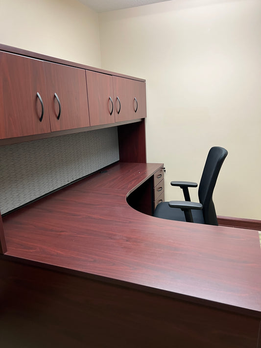Desks: L shaped cherry Laminate desk with attached hutch