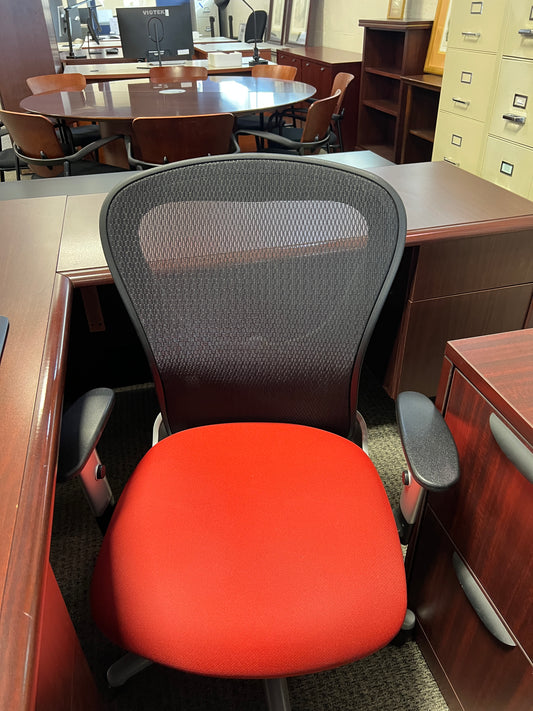 Chairs: Mesh back red seat office chair on casters