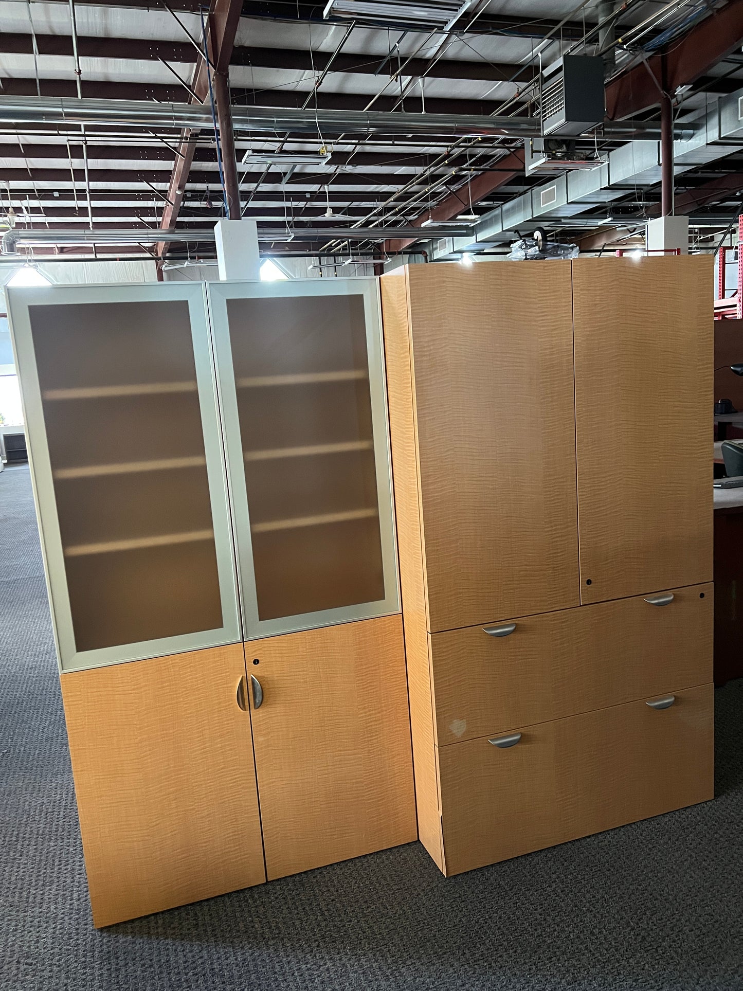 Blond  hutch and matching glass cabinet